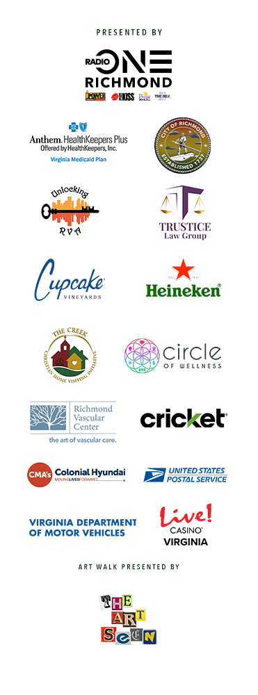 Logos and branding for various companies and organizations, including Radio One Richmond, Anthem HealthKeepers Plus, Trustice Law Group, Cupcake Vineyards, Heineken, and more.