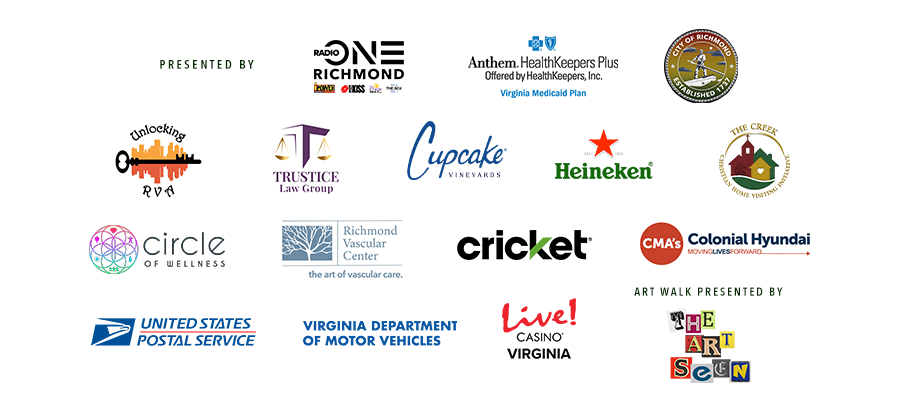 A collage of various logos and branding for businesses, organizations, and services including Radio One, Anthem HealthKeepers Plus, Trustice Law Group, Cupcake Vineyards, Heineken, The Creek, Richmond Vascular Center, Cricket, Colonial Hyundai, United States Postal Service, and Virginia Department of Motor Vehicles.