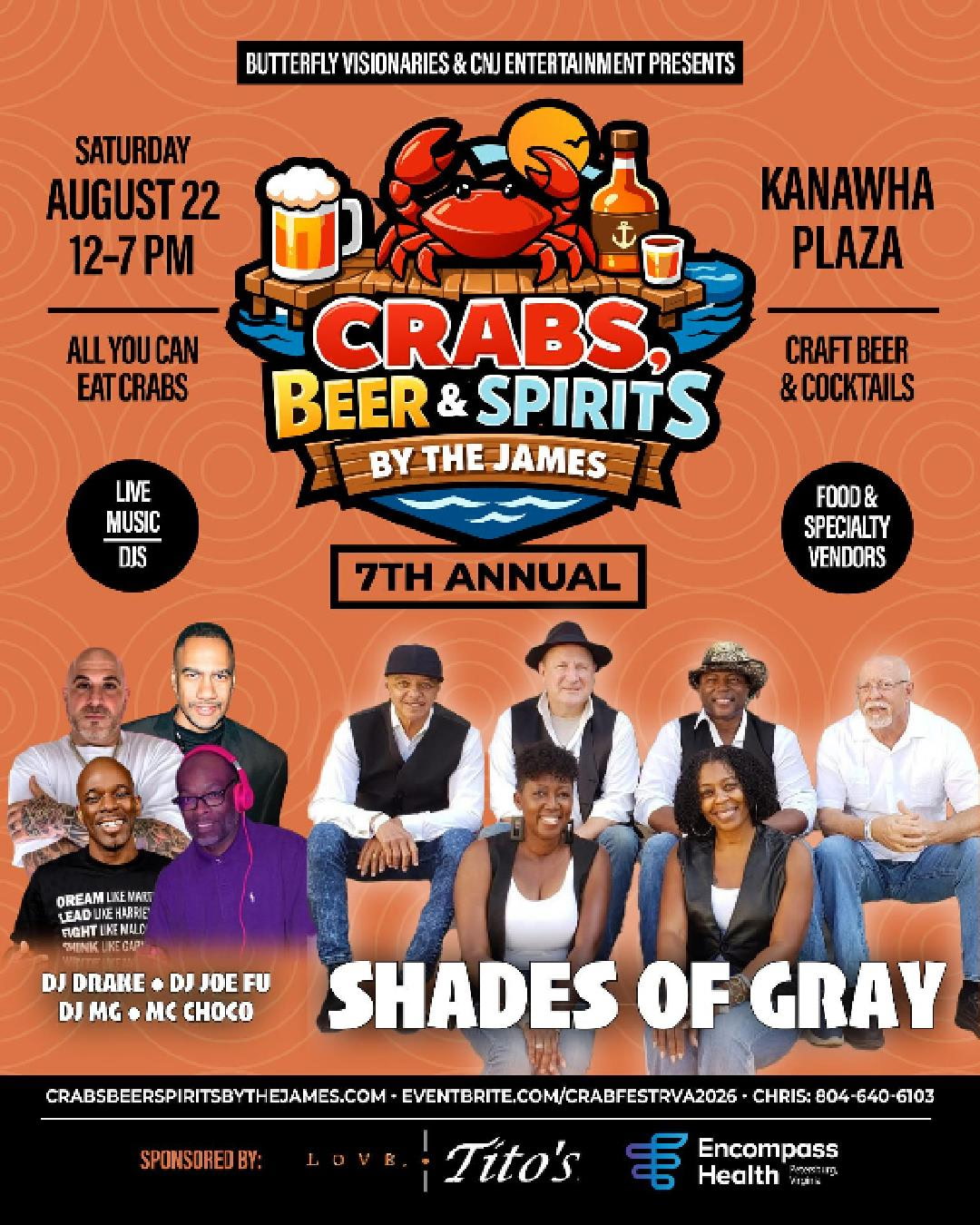 Promotional poster for the 7th annual "Crabs, Beer & Spirits by the James" event featuring a group of diverse people and details about the event including date, location, activities, and performers.
