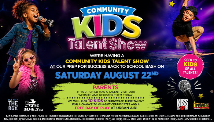Community Kids Talent Show poster featuring young performers singing and dancing on stage with text promoting the event on August 22nd.