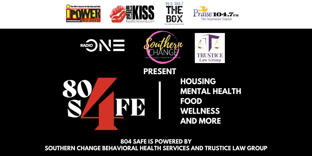 The image shows a banner for "80s4FE", an event presented by Radio One, Southern Change, and Trustice Law Group. The banner lists topics including housing, mental health, food, and wellness.