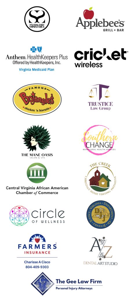Collage of logos and branding for various businesses and organizations, including Applebee's, Cricket Wireless, Bojangles, The Mane Oasis, and others.